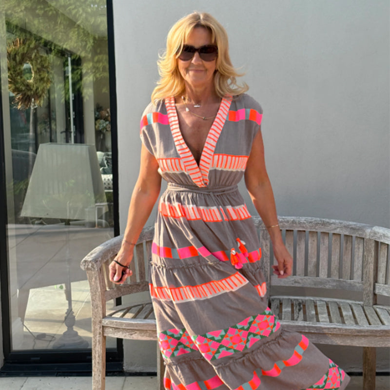 🔥Dočasná nabídka - 50% sleva🔥 Dámské volné šaty s V-výstřihem, vintage pruhovaný vzor, bez rukávů