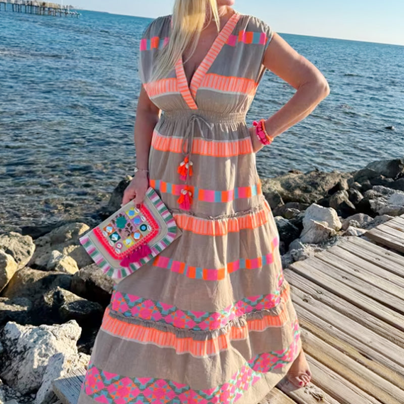 🔥Dočasná nabídka - 50% sleva🔥 Dámské volné šaty s V-výstřihem, vintage pruhovaný vzor, bez rukávů