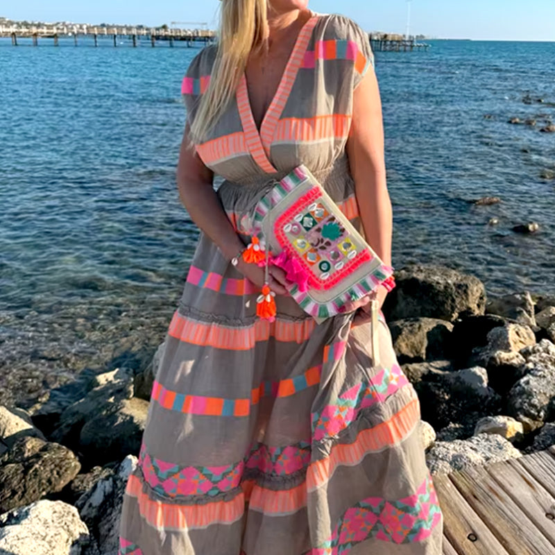 🔥Dočasná nabídka - 50% sleva🔥 Dámské volné šaty s V-výstřihem, vintage pruhovaný vzor, bez rukávů