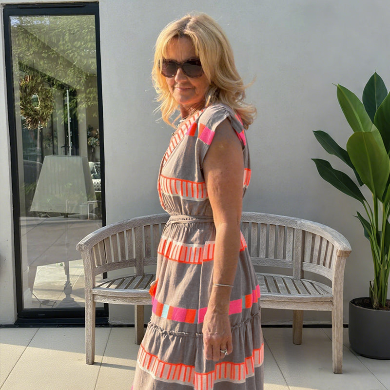 🔥Dočasná nabídka - 50% sleva🔥 Dámské volné šaty s V-výstřihem, vintage pruhovaný vzor, bez rukávů