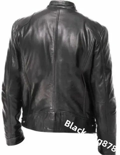 Pánská zimní bunda se zipem, PU-kůže, slim fit límec